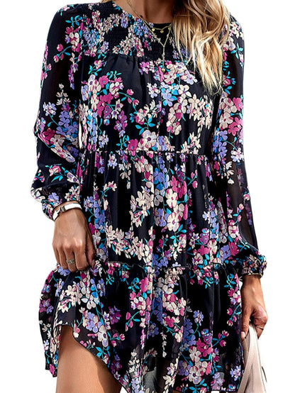 Romantic Black Smocked Floral Ruffle Dress