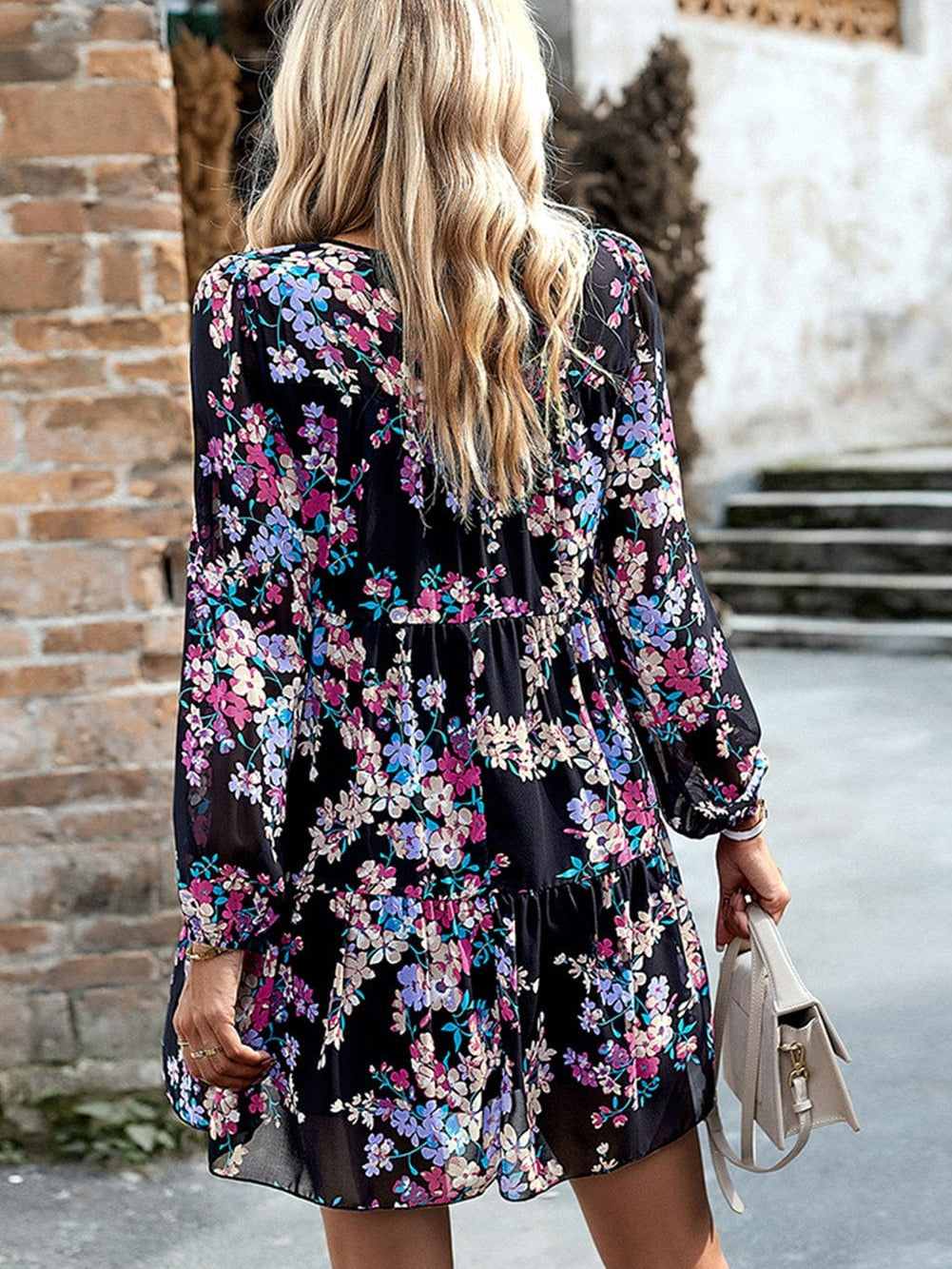 Romantic Black Smocked Floral Ruffle Dress
