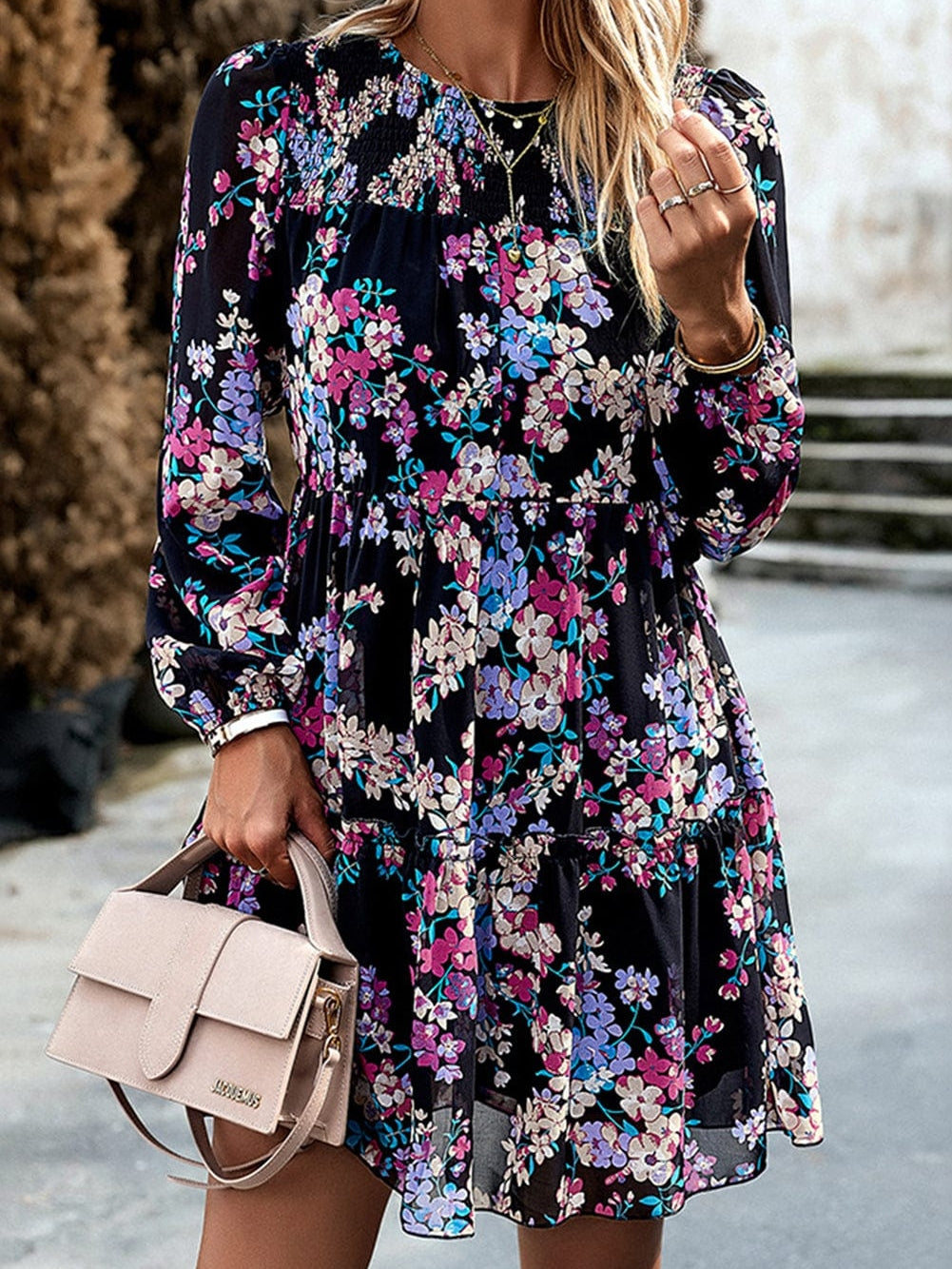 Romantic Black Smocked Floral Ruffle Dress