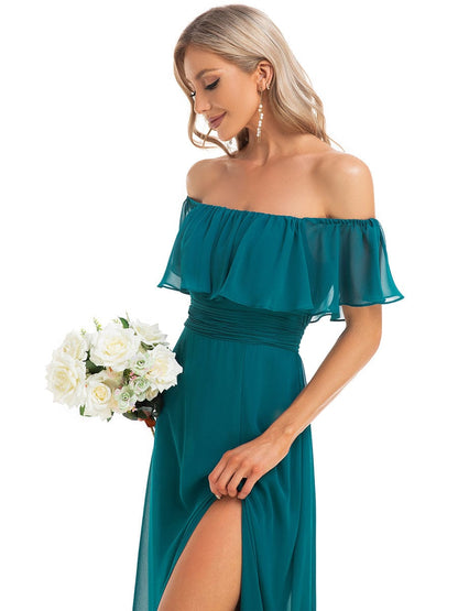 Romantic Off-Shoulder Thigh-High Slit Bridesmaid Gown