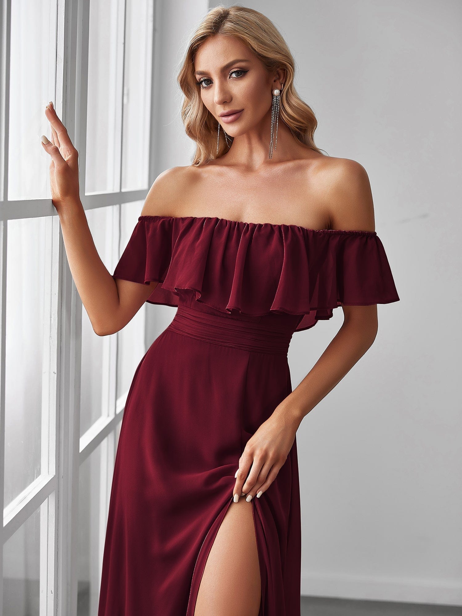Romantic Off-Shoulder Thigh-High Slit Bridesmaid Gown