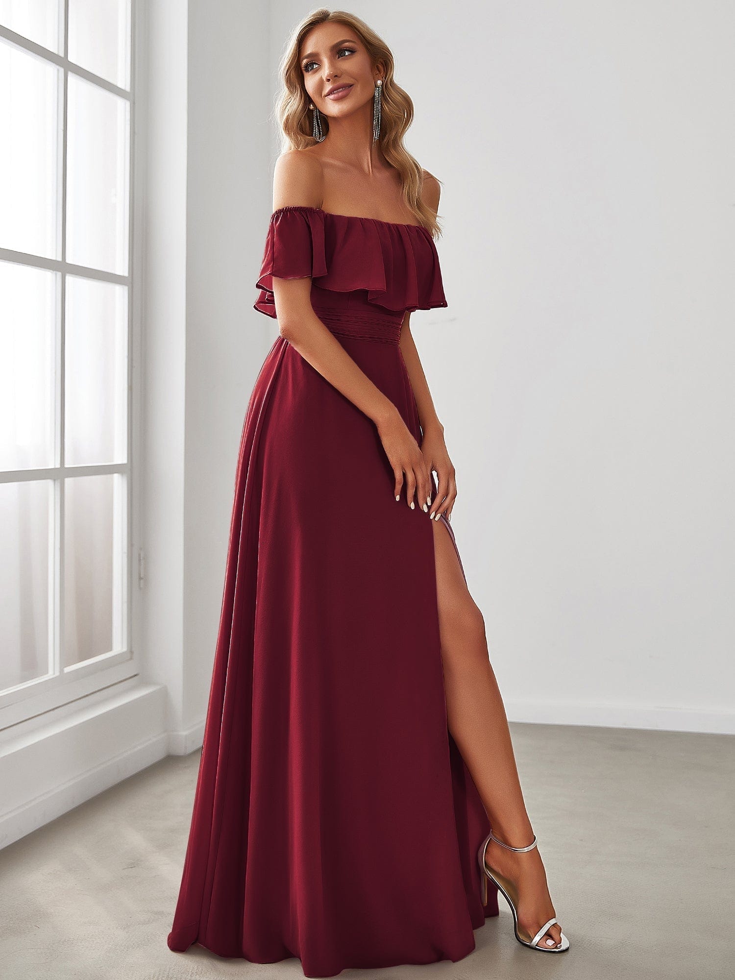 Romantic Off-Shoulder Thigh-High Slit Bridesmaid Gown