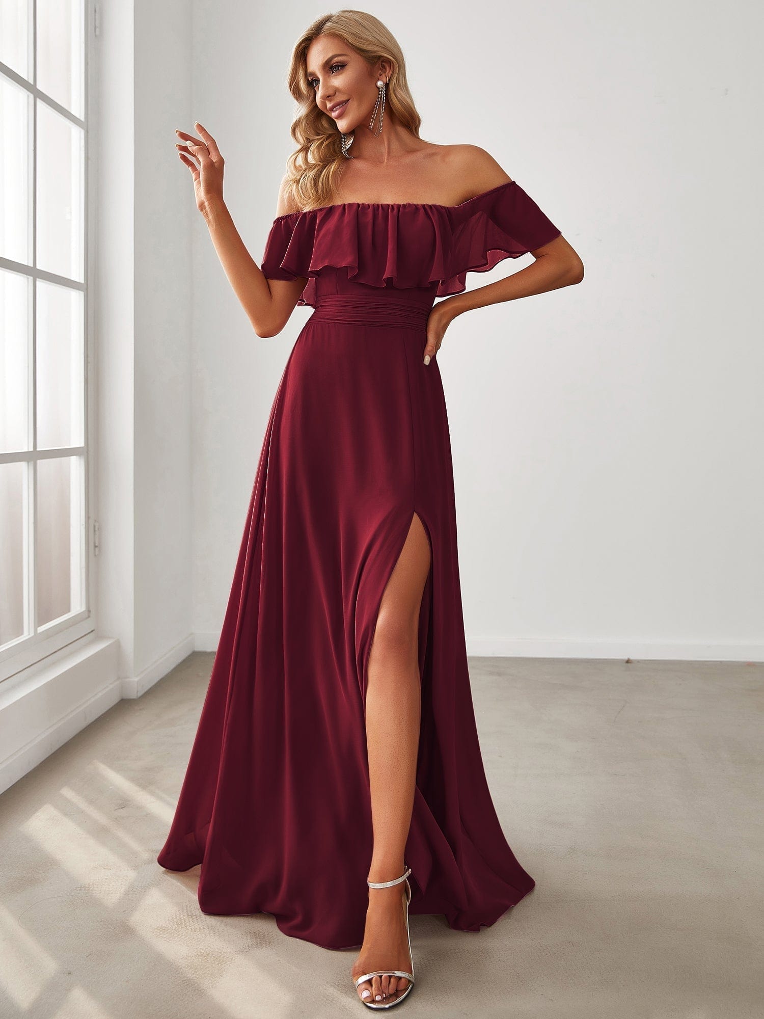 Romantic Off-Shoulder Thigh-High Slit Bridesmaid Gown