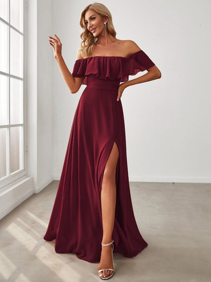 Romantic Off-Shoulder Thigh-High Slit Bridesmaid Gown