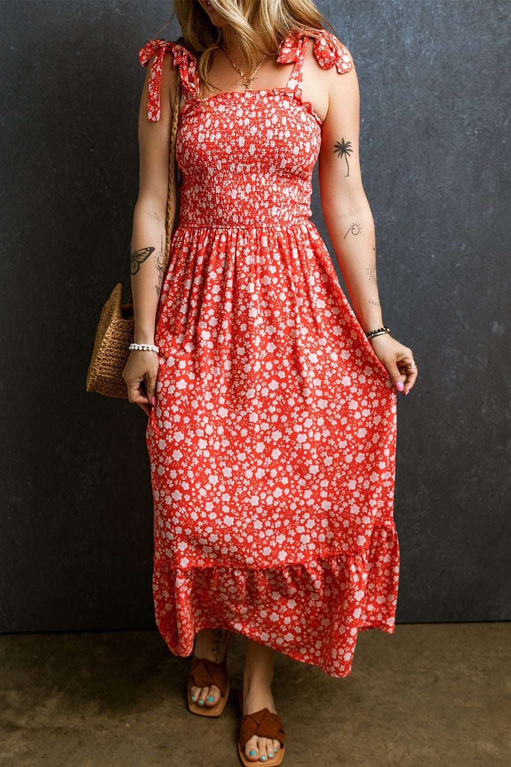 Romantic Red Floral Print Boho Maxi Dress with Smocked Bodice