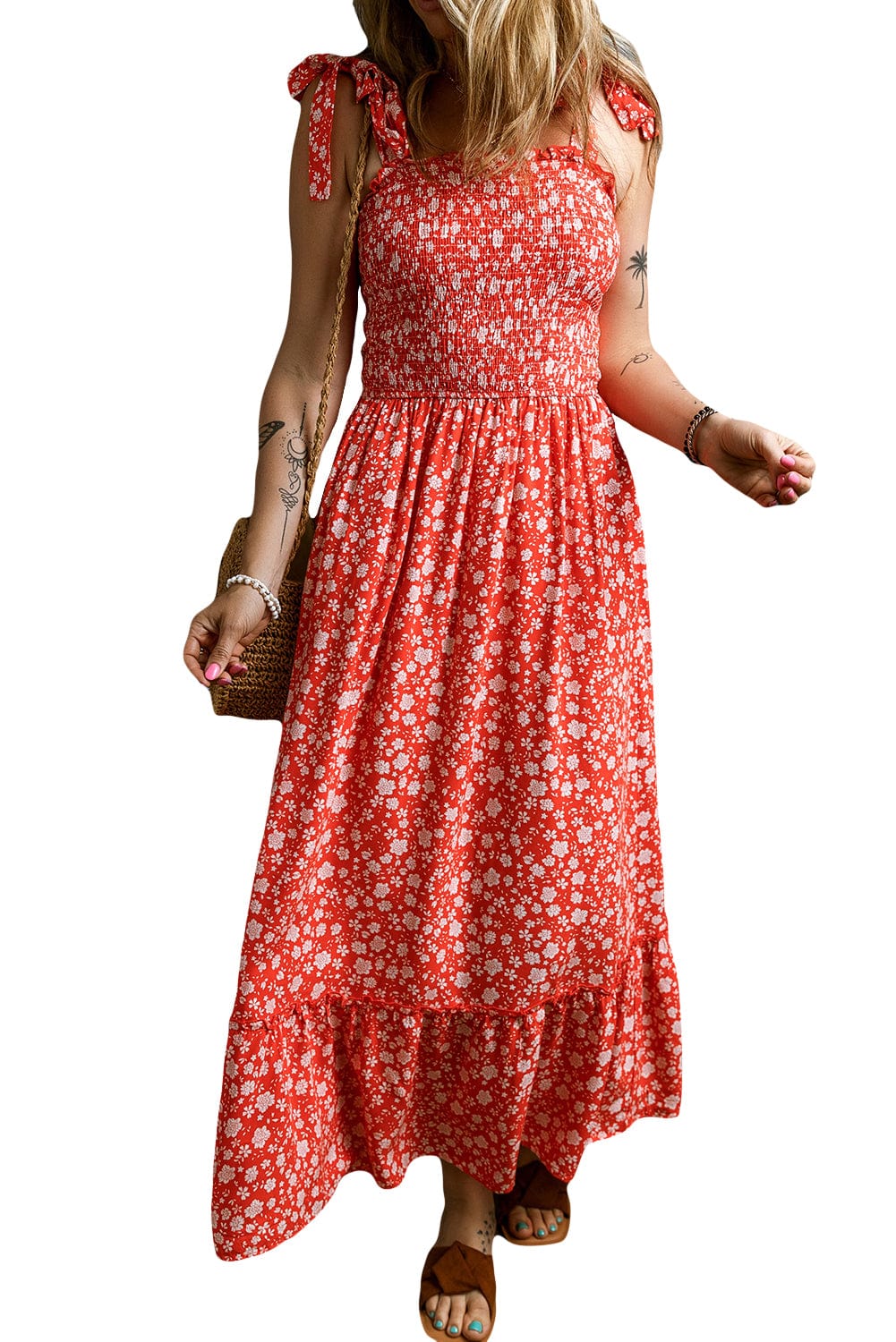 Romantic Red Floral Print Boho Maxi Dress with Smocked Bodice