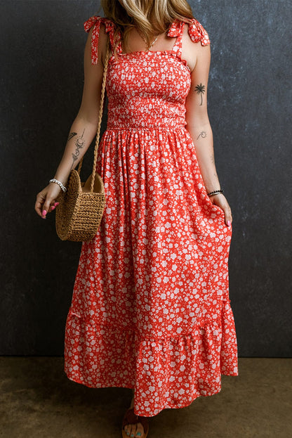 Romantic Red Floral Print Boho Maxi Dress with Smocked Bodice