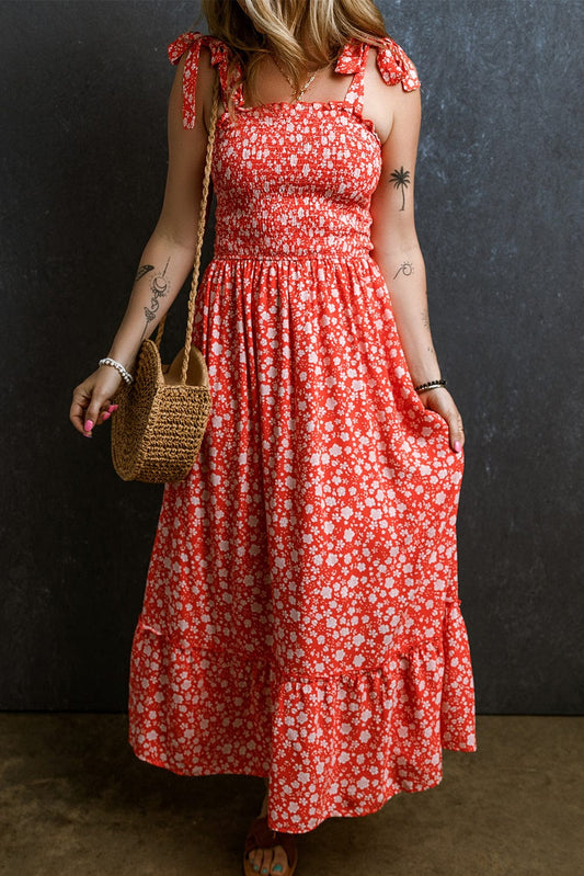 Romantic Red Floral Print Boho Maxi Dress with Smocked Bodice