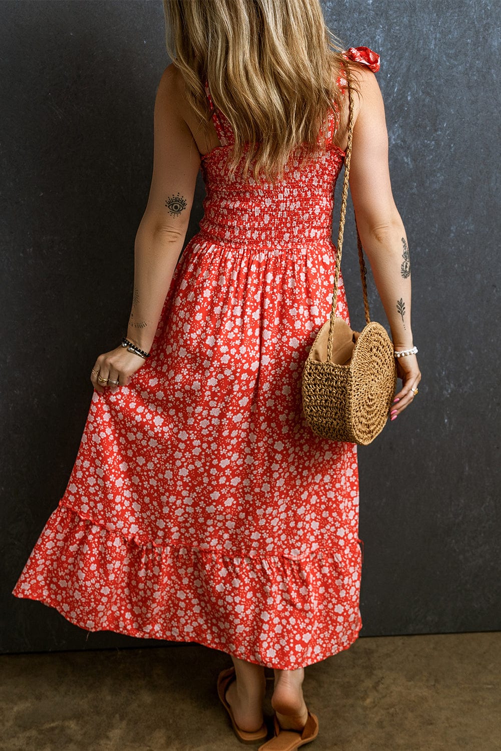 Romantic Red Floral Print Boho Maxi Dress with Smocked Bodice