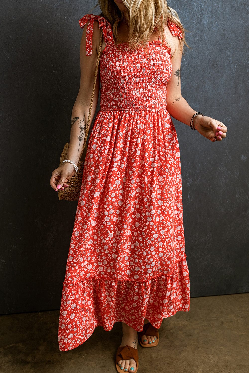 Romantic Red Floral Print Boho Maxi Dress with Smocked Bodice