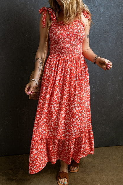Romantic Red Floral Print Boho Maxi Dress with Smocked Bodice