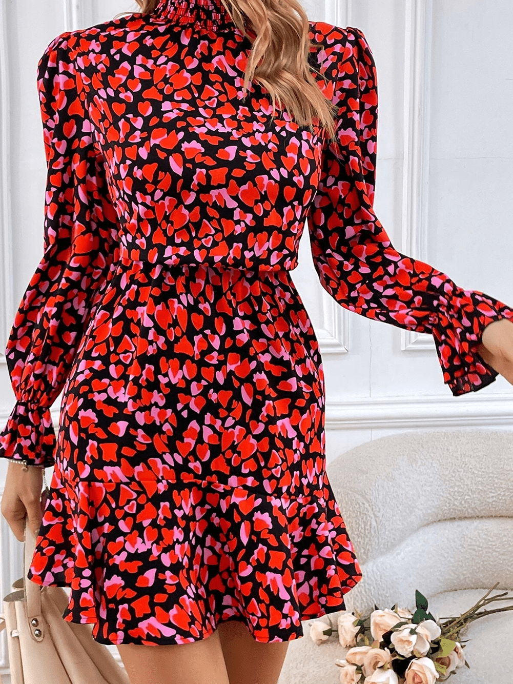 Romantic Red Heart Print A-Line Mini Dress
