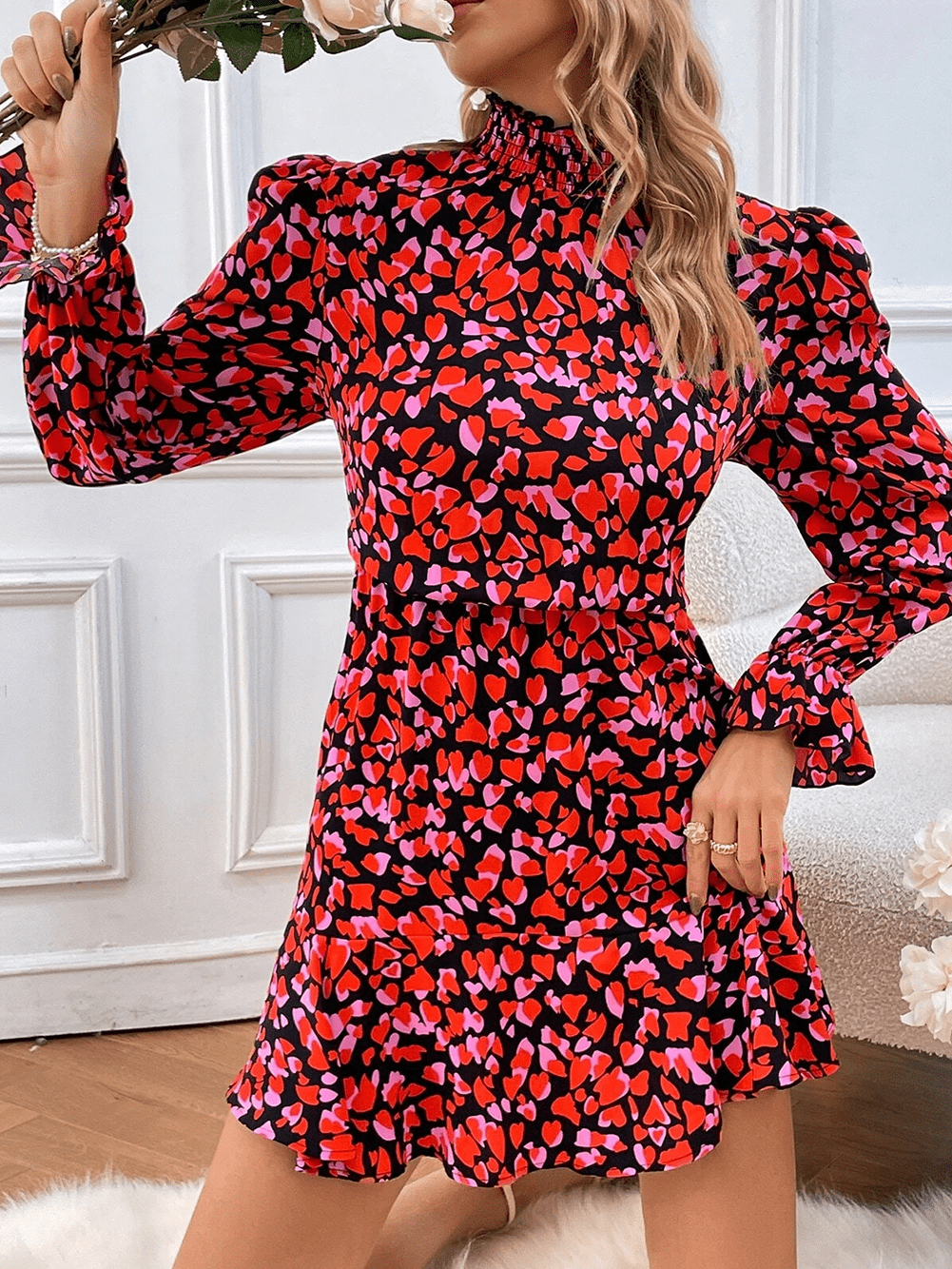 Romantic Red Heart Print A-Line Mini Dress