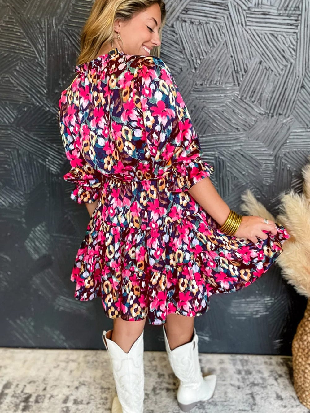 Romantic Rose Red Floral V Neck Dress with Tiered Ruffles