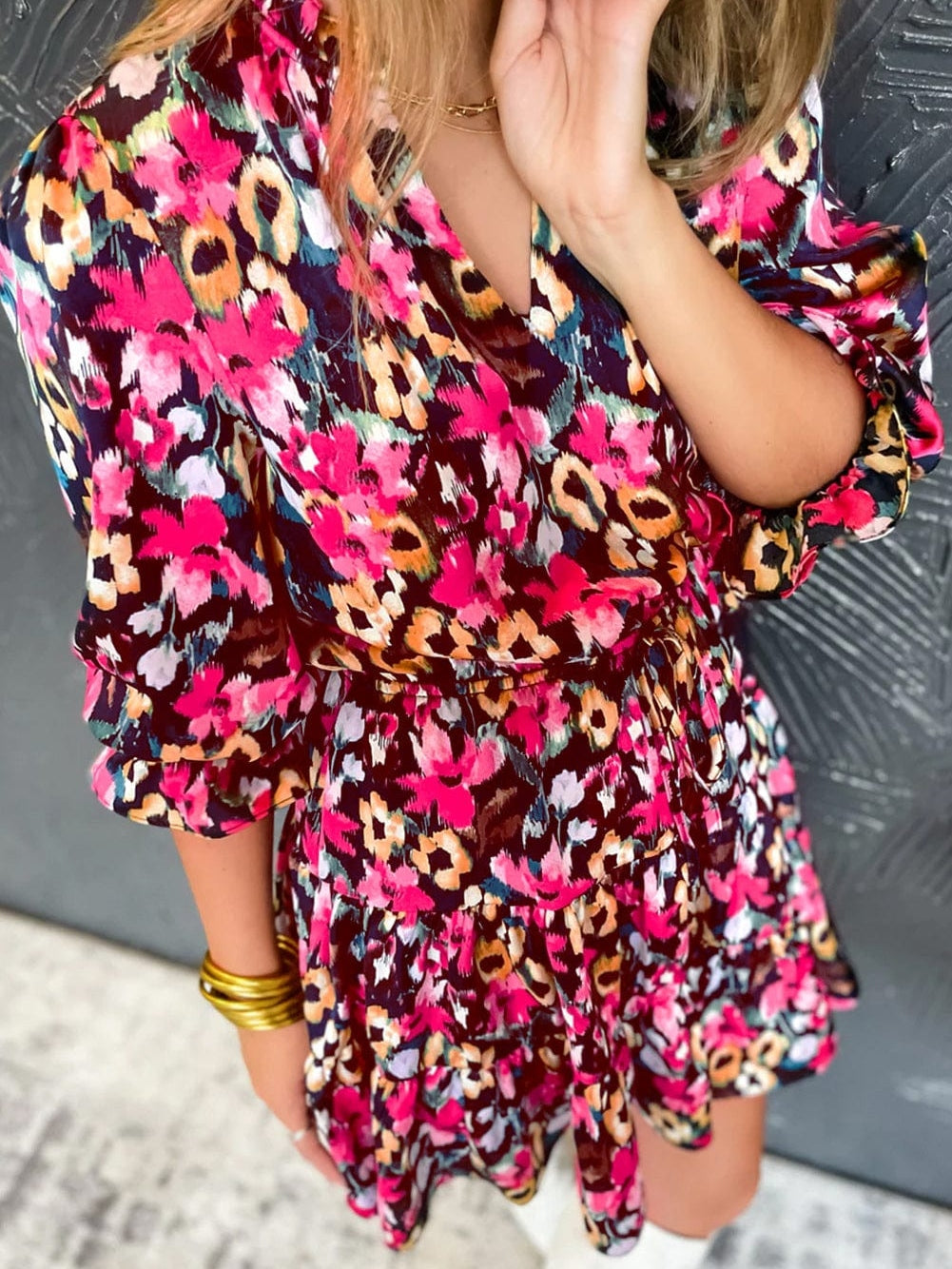 Romantic Rose Red Floral V Neck Dress with Tiered Ruffles