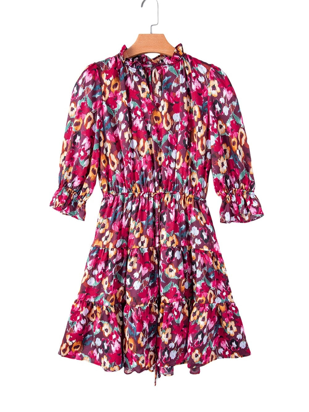 Romantic Rose Red Floral V Neck Dress with Tiered Ruffles