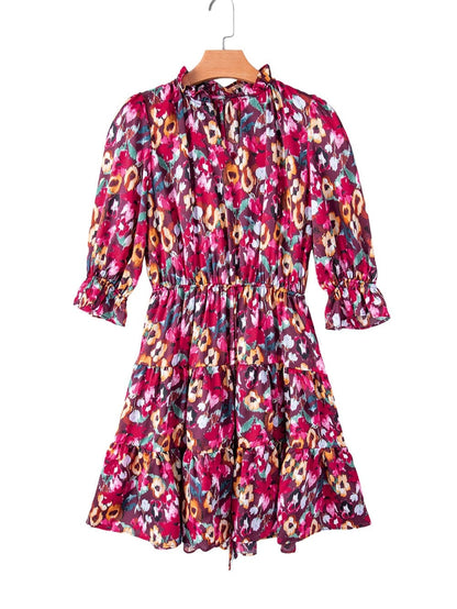 Romantic Rose Red Floral V Neck Dress with Tiered Ruffles