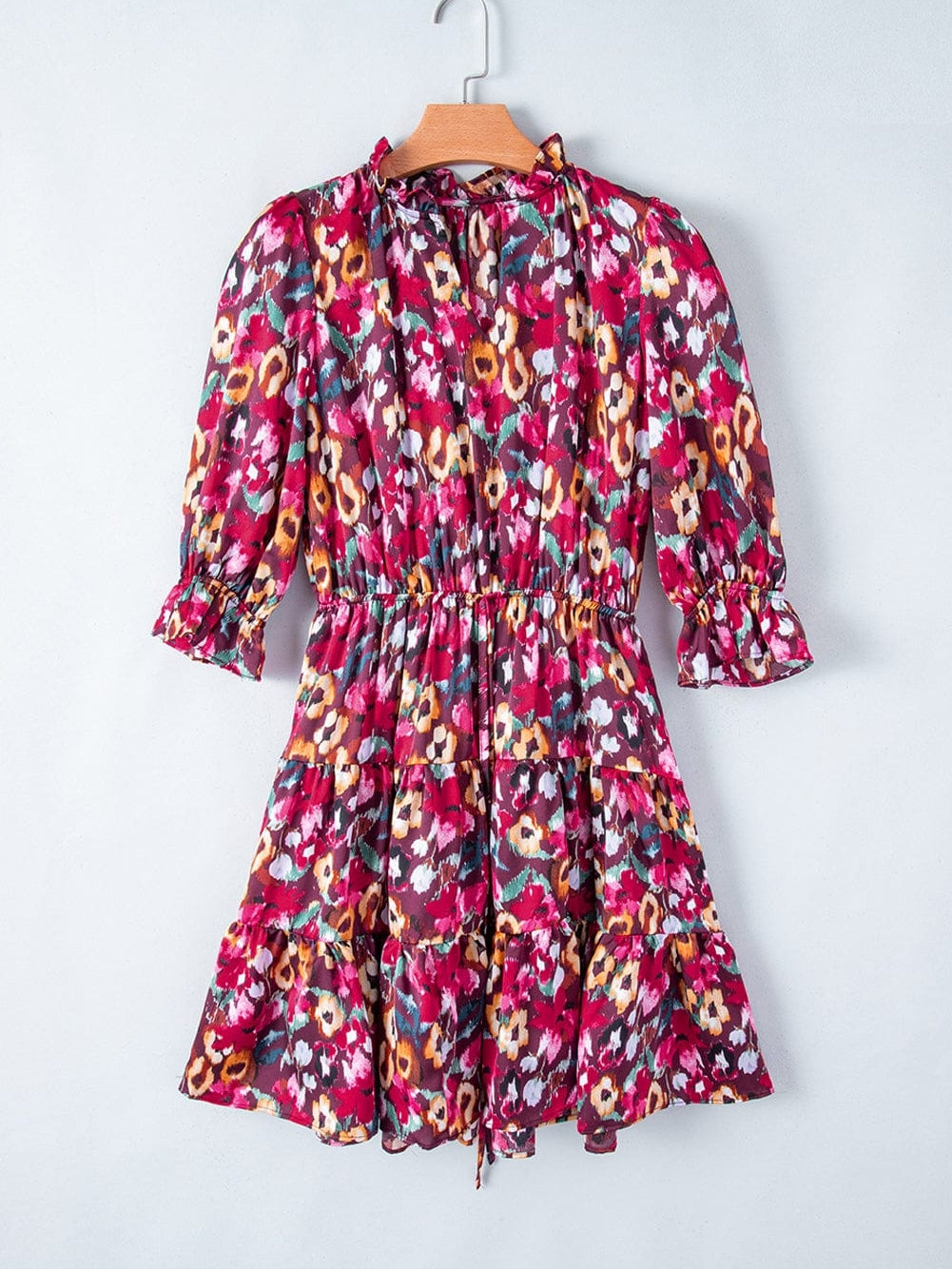 Romantic Rose Red Floral V Neck Dress with Tiered Ruffles