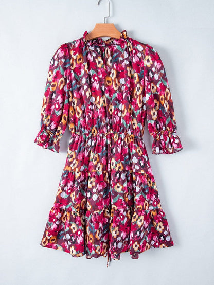 Romantic Rose Red Floral V Neck Dress with Tiered Ruffles