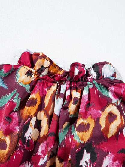 Romantic Rose Red Floral V Neck Dress with Tiered Ruffles