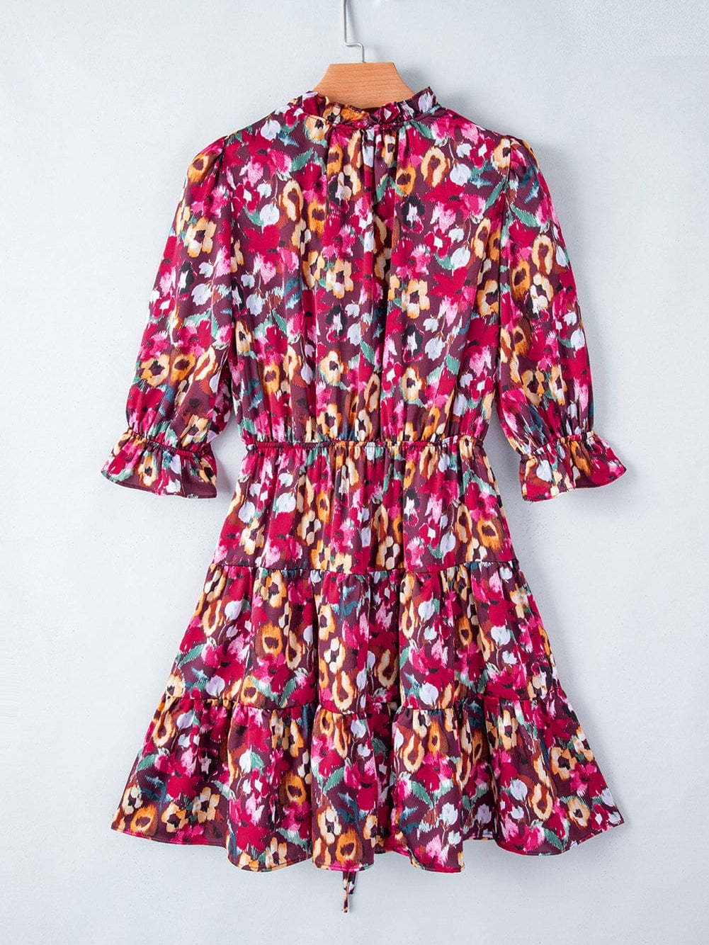 Romantic Rose Red Floral V Neck Dress with Tiered Ruffles