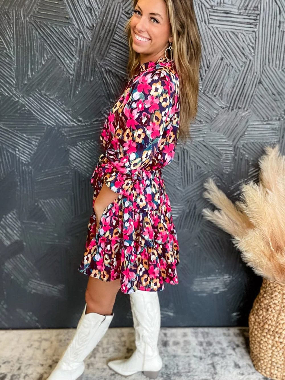 Romantic Rose Red Floral V Neck Dress with Tiered Ruffles