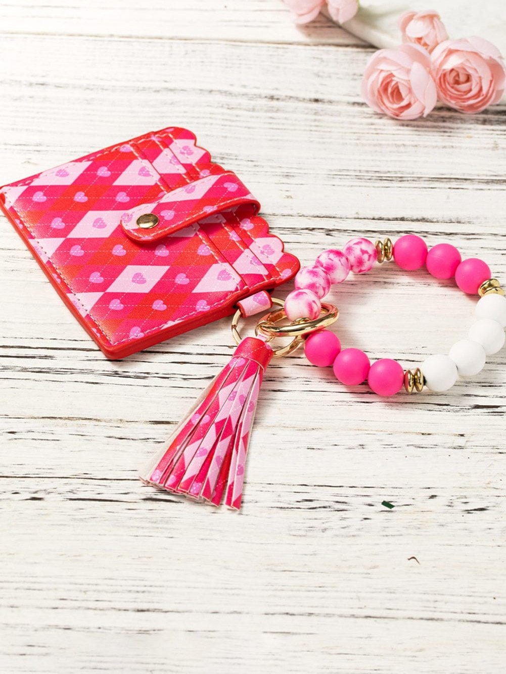 Romantic Rose Red Valentine's Day Card Holder with Key Chain and Bracelet
