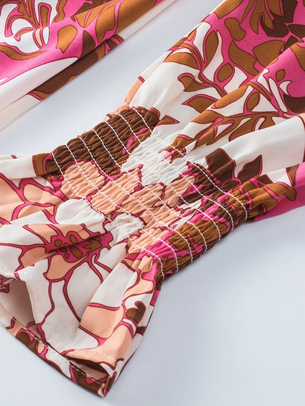 Romantic Rosy Floral Smocked Square Neck Bishop Sleeve A-Line Dress