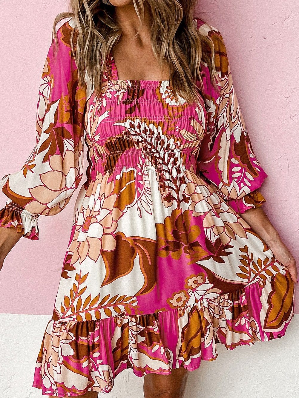 Romantic Rosy Floral Smocked Square Neck Bishop Sleeve A-Line Dress