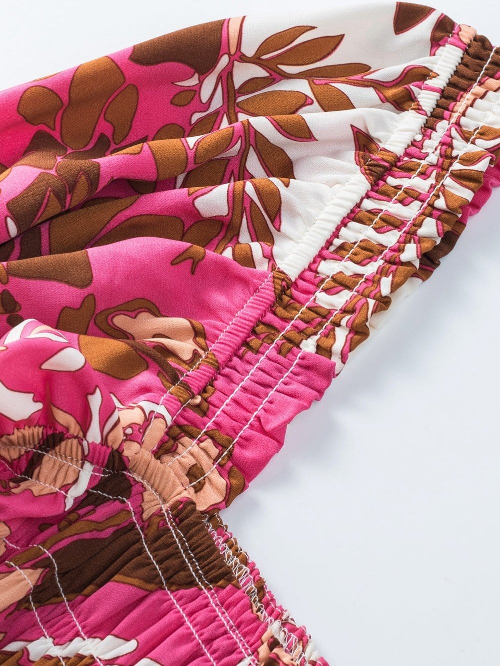 Romantic Rosy Floral Smocked Square Neck Bishop Sleeve A-Line Dress