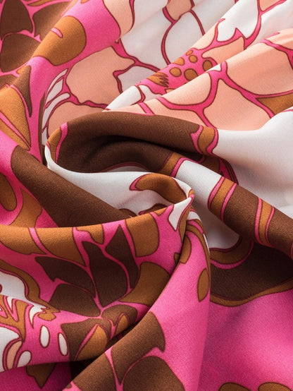 Romantic Rosy Floral Smocked Square Neck Bishop Sleeve A-Line Dress