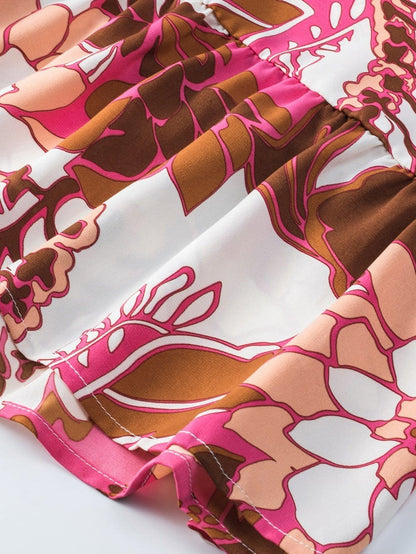 Romantic Rosy Floral Smocked Square Neck Bishop Sleeve A-Line Dress