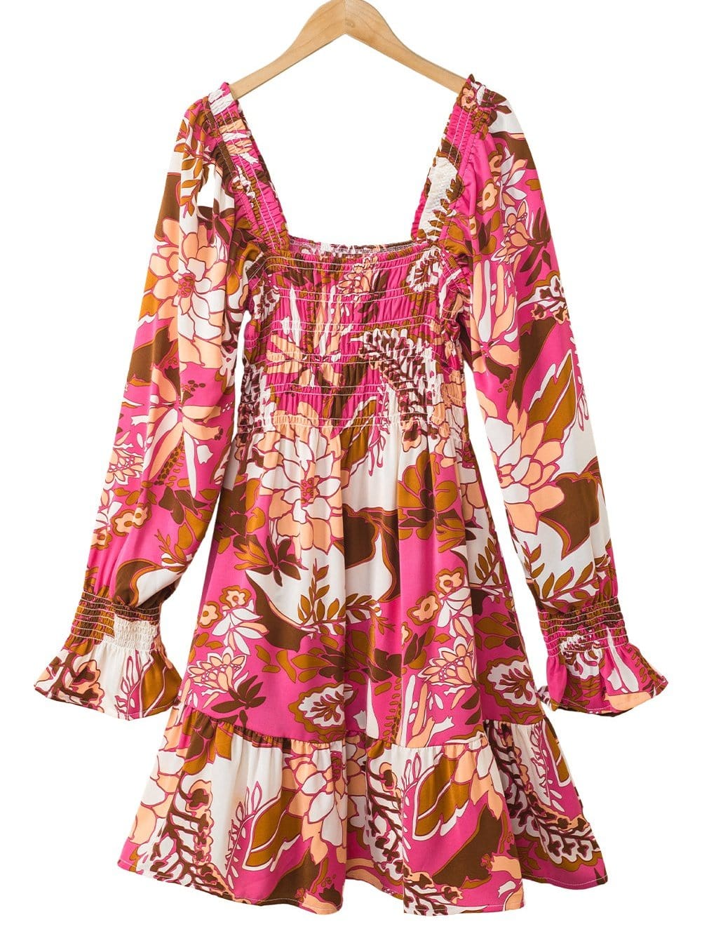 Romantic Rosy Floral Smocked Square Neck Bishop Sleeve A-Line Dress