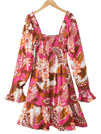 Romantic Rosy Floral Smocked Square Neck Bishop Sleeve A-Line Dress