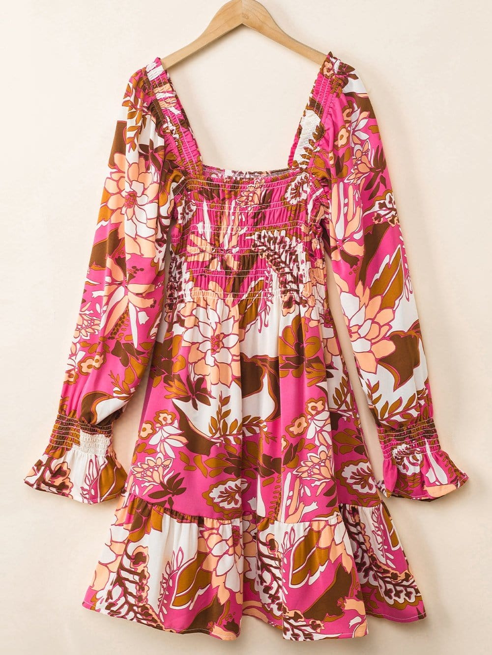 Romantic Rosy Floral Smocked Square Neck Bishop Sleeve A-Line Dress