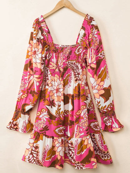 Romantic Rosy Floral Smocked Square Neck Bishop Sleeve A-Line Dress