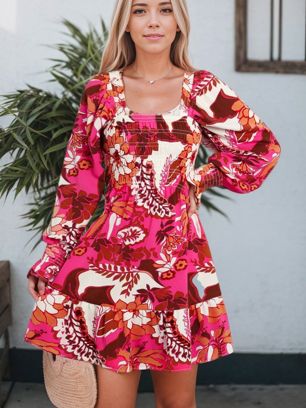 Romantic Rosy Floral Smocked Square Neck Bishop Sleeve A-Line Dress