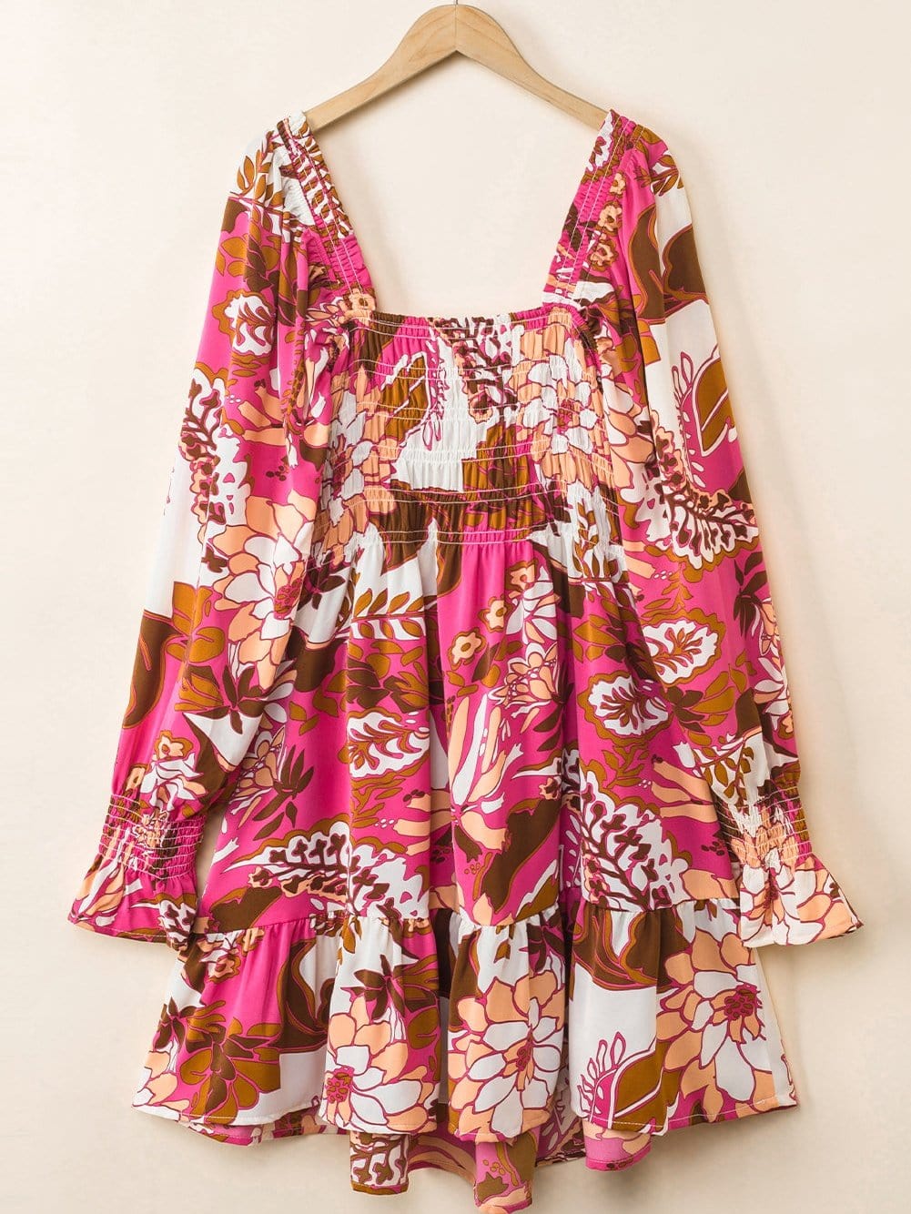 Romantic Rosy Floral Smocked Square Neck Bishop Sleeve A-Line Dress