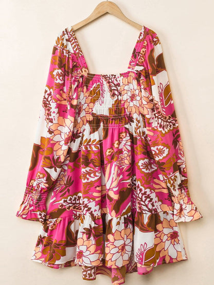 Romantic Rosy Floral Smocked Square Neck Bishop Sleeve A-Line Dress