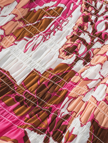 Romantic Rosy Floral Smocked Square Neck Bishop Sleeve A-Line Dress