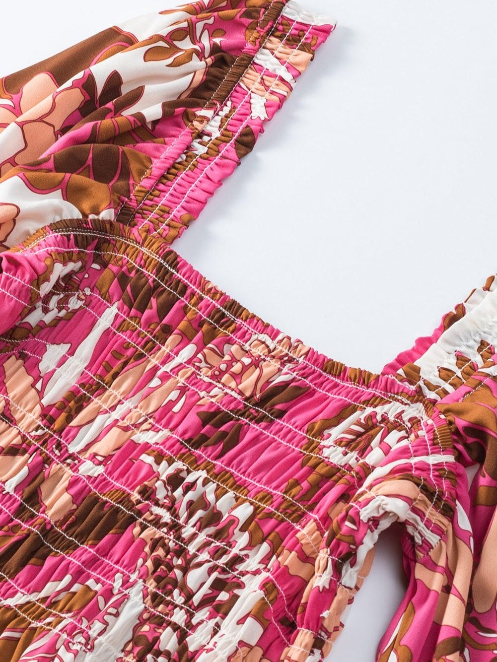 Romantic Rosy Floral Smocked Square Neck Bishop Sleeve A-Line Dress