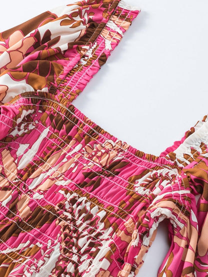 Romantic Rosy Floral Smocked Square Neck Bishop Sleeve A-Line Dress