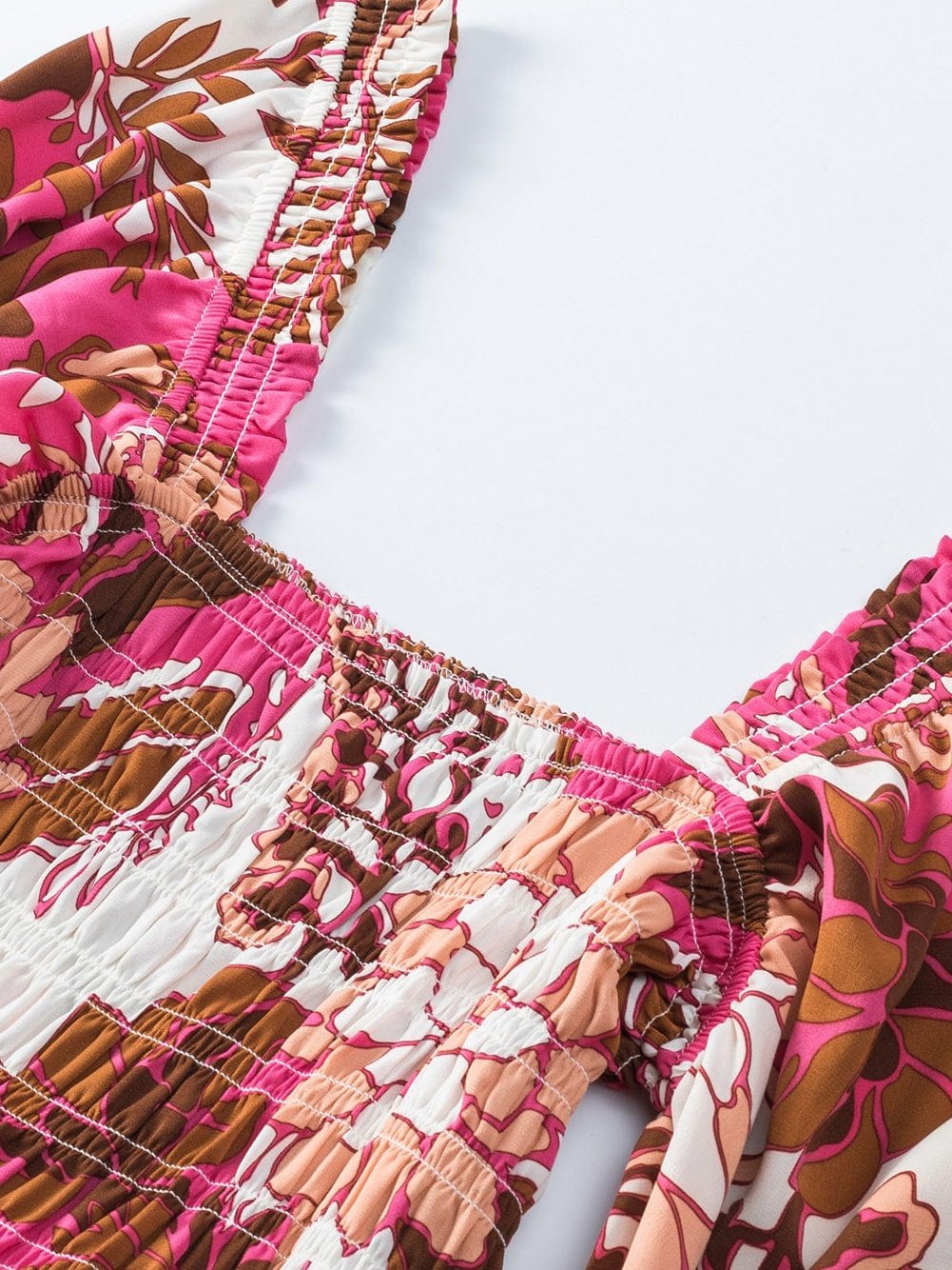 Romantic Rosy Floral Smocked Square Neck Bishop Sleeve A-Line Dress