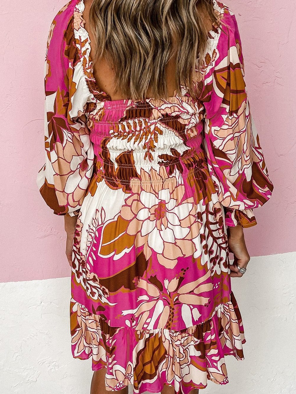 Romantic Rosy Floral Smocked Square Neck Bishop Sleeve A-Line Dress