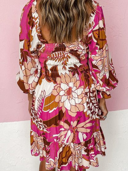 Romantic Rosy Floral Smocked Square Neck Bishop Sleeve A-Line Dress