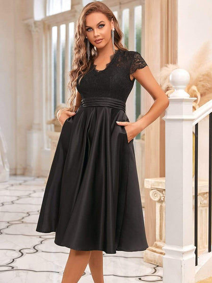 Romantic V-neck Lace Bodice Wedding Guest Dress with Pockets