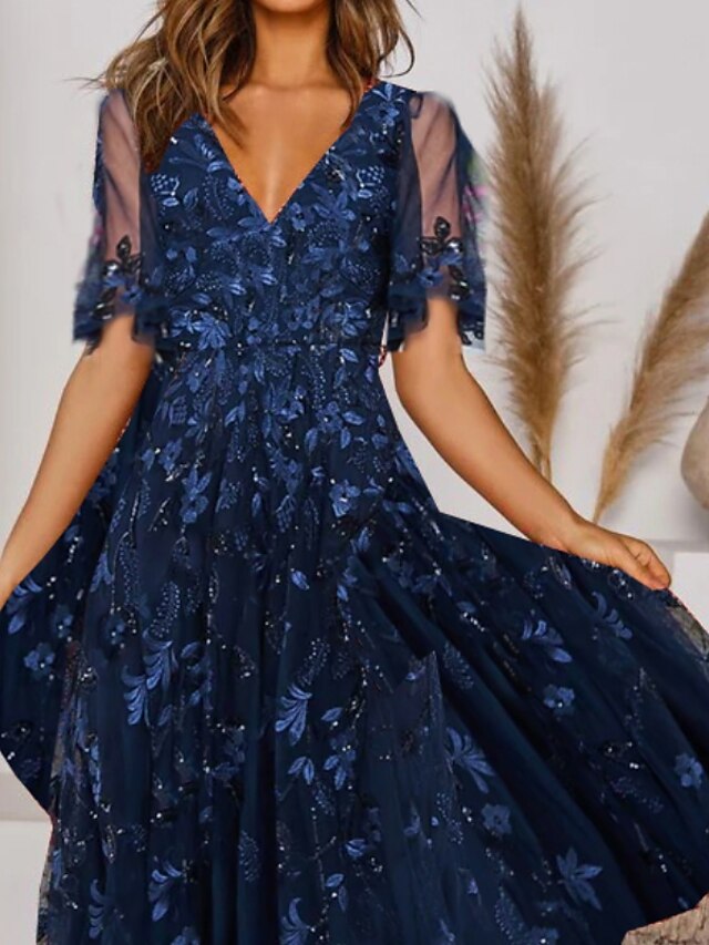 Women's Dress - Casual Dress Midi Dress Navy Blue Short Sleeve Floral Ruched Spring Summer V Neck Elegant Wedding Guest 2023 S M L XL 2XL 3XL
