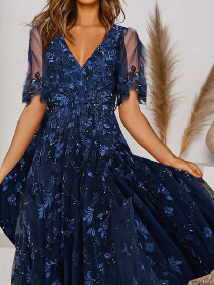 Women's Dress - Casual Dress Midi Dress Navy Blue Short Sleeve Floral Ruched Spring Summer V Neck Elegant Wedding Guest 2023 S M L XL 2XL 3XL