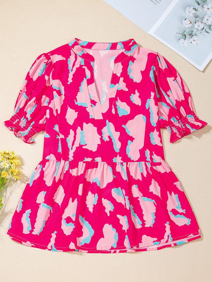 Rose Abstract Print Ruffle Hem V Neck Blouse