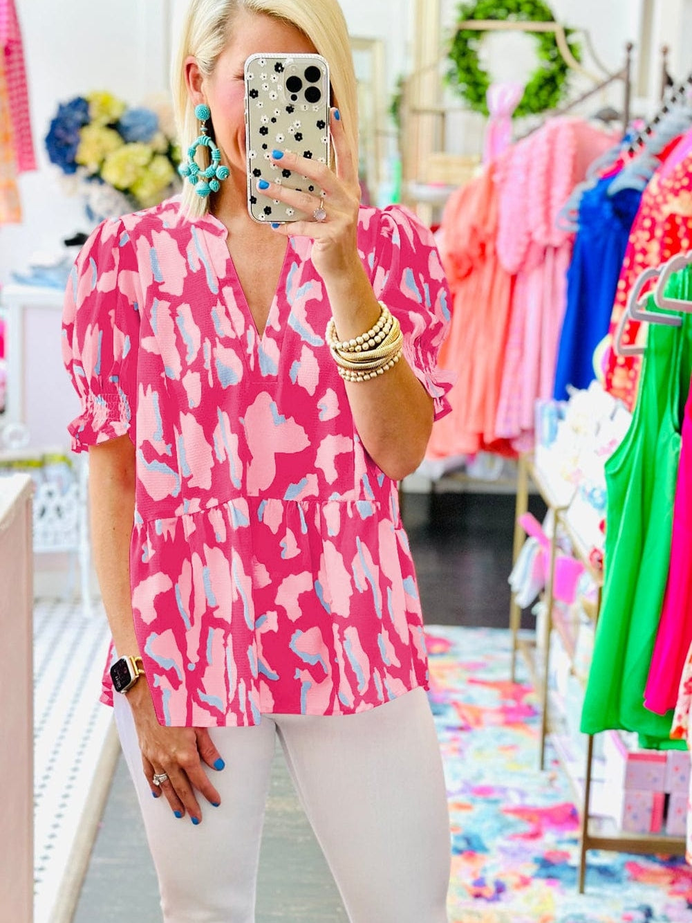 Rose Abstract Print Ruffle Hem V Neck Blouse